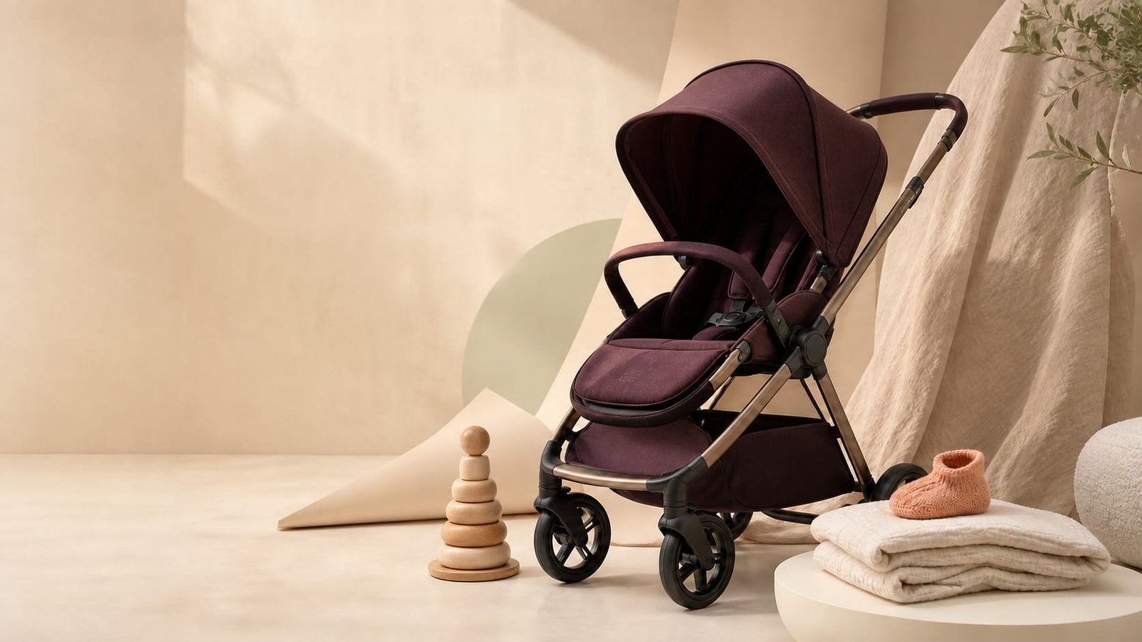 Mise en scène éditoriale d’une poussette prune et d’accessoires pour bébé